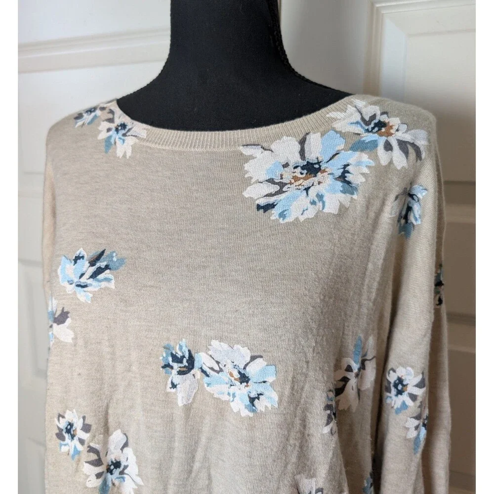 Joie Size M Sweater Eloisa Floral Print Knit Oatmeal Wool Blend Soft Casual